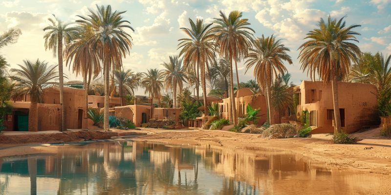 منظر لواحة سيوة الخضراء في مصر، تظهر فيها أشجار النخيل الشاهقة والمنازل الطينية التقليدية التي تعكس التكيف مع البيئة الصحراوية.