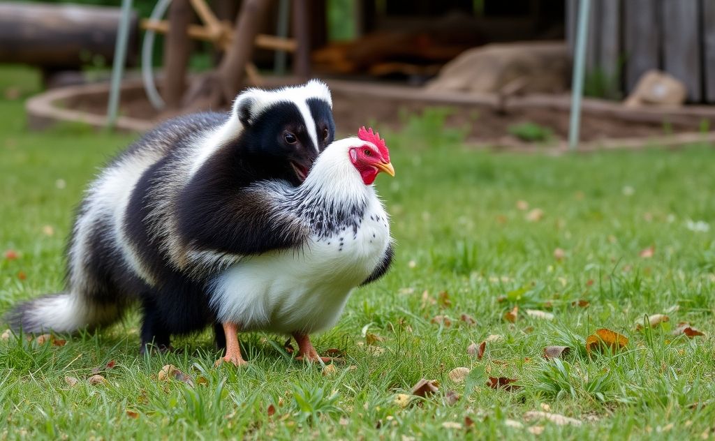 Skunk attacking a chicken in a farm setting