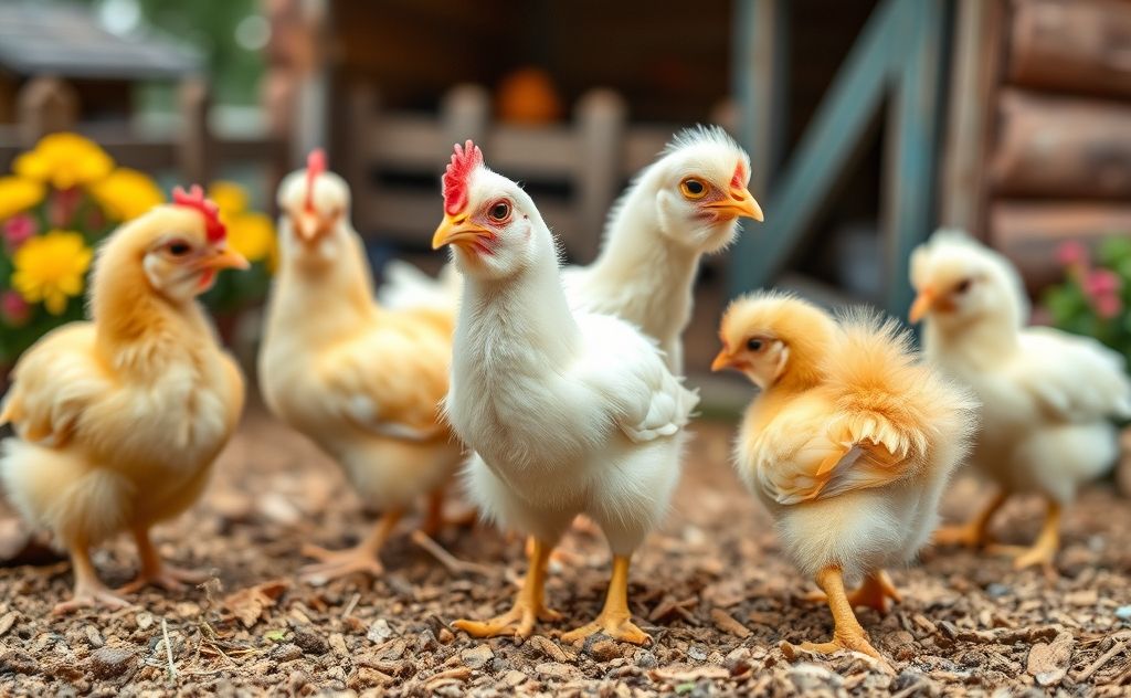 Smallest chickens in a colorful farm setting