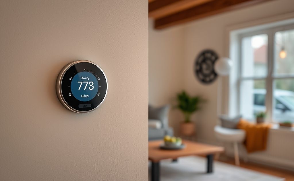 Smart thermostat saving energy in a cozy home