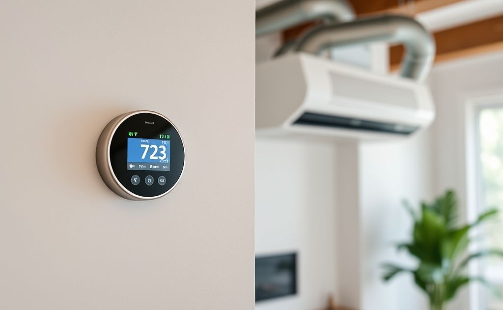 Smart thermostat with modern HVAC system in home setting