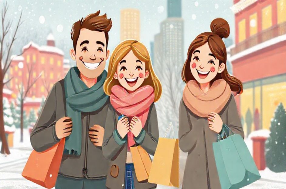 Smiling family with shopping bags in a winter cityscape