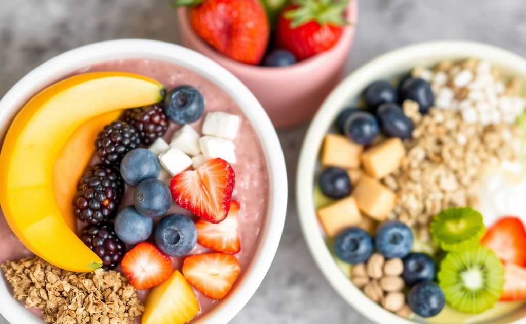 Smoothie bowls filled with fresh fruits and toppings