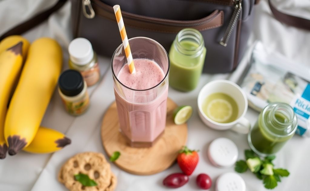 Smoothie preparation with travel essentials around.