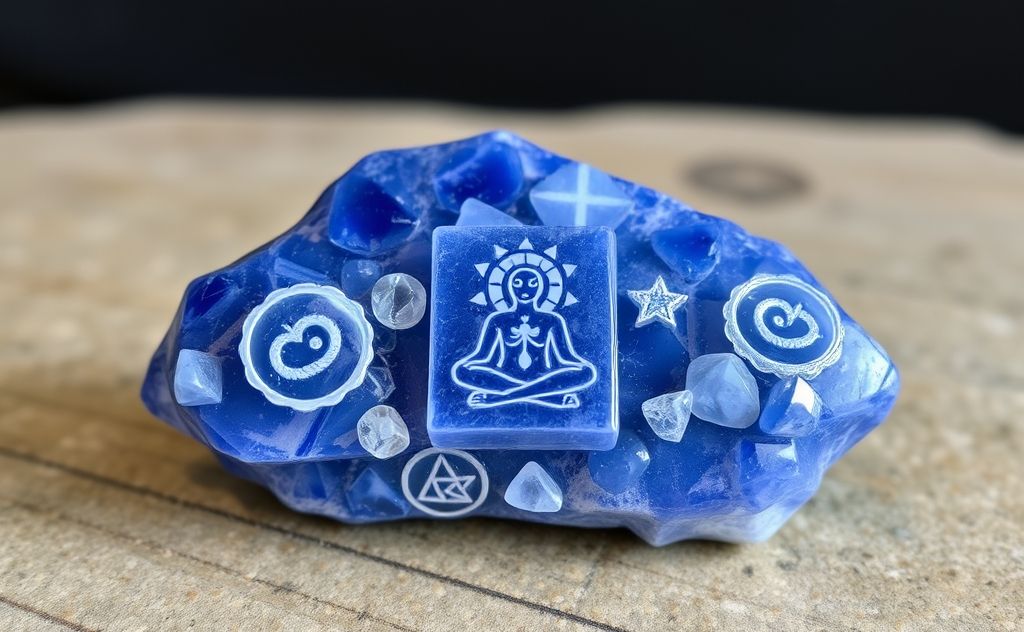 Sodalite crystal with chakra energy symbols