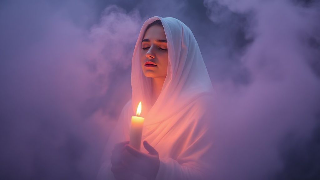 Soft, amber light emanating from a flickering candle. Lavender mist swirls around a serene figure, cloaked in flowing white fabric, eyes closed, bathed in a gentle glow. Ethereal, mystic, 4k, cinematic.