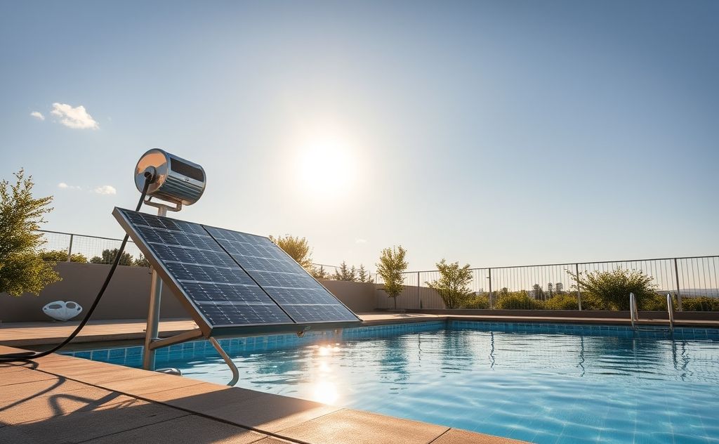 Solar heater warming a pool under sunny skies