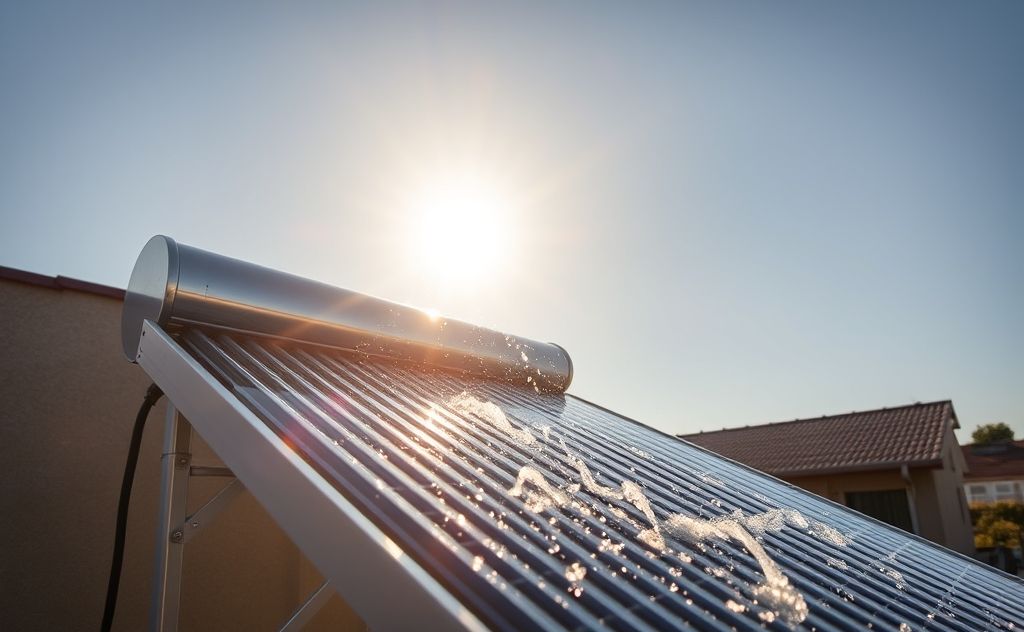 Solar heater warming water under the sun, showcasing efficiency and warmth.