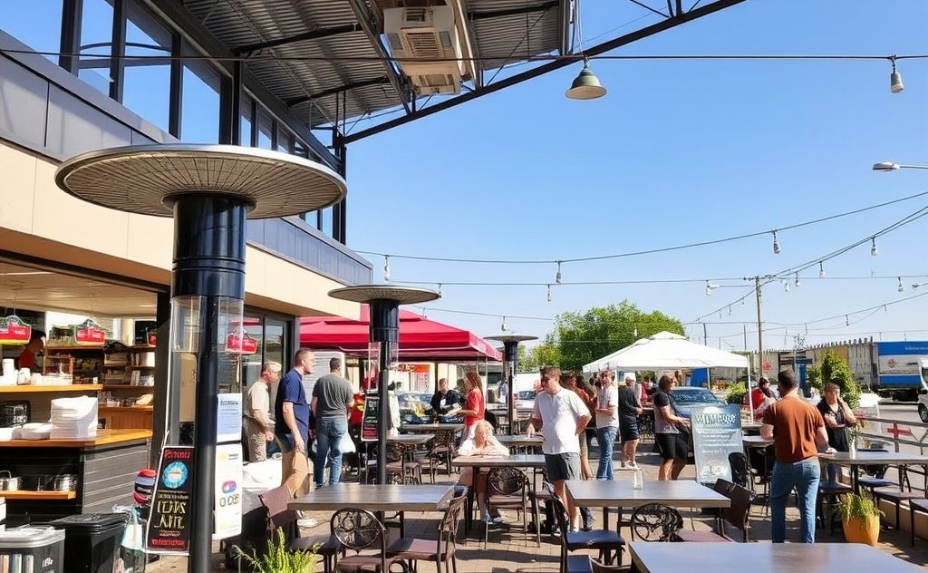 Solar heaters in action at a bustling commercial space