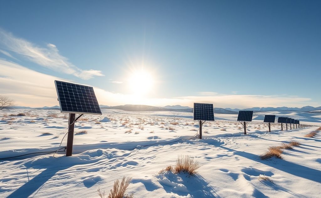 Solar heaters in snowy landscape with sunlight shining