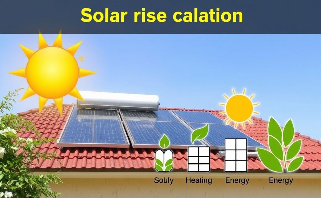 Solar heating system capacity calculation with sun and energy symbols.