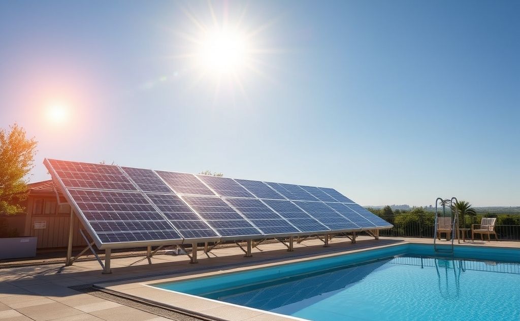 Solar panels heating a pool under bright sun