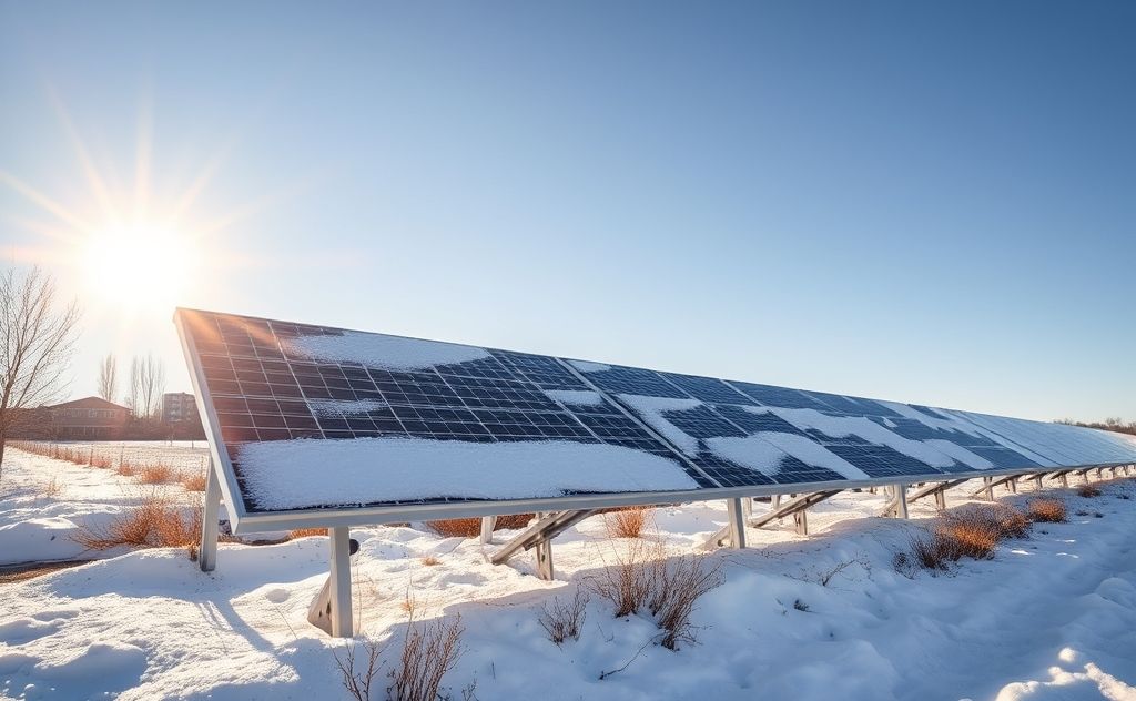 Solar panels melting snow in winter sunlight
