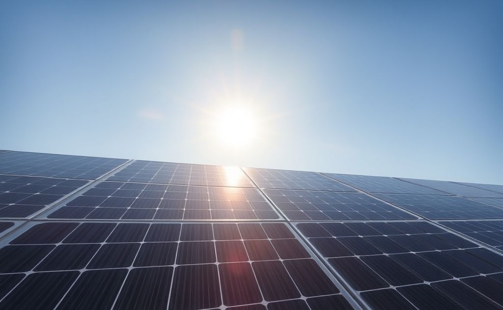Solar panels shining under a bright sun