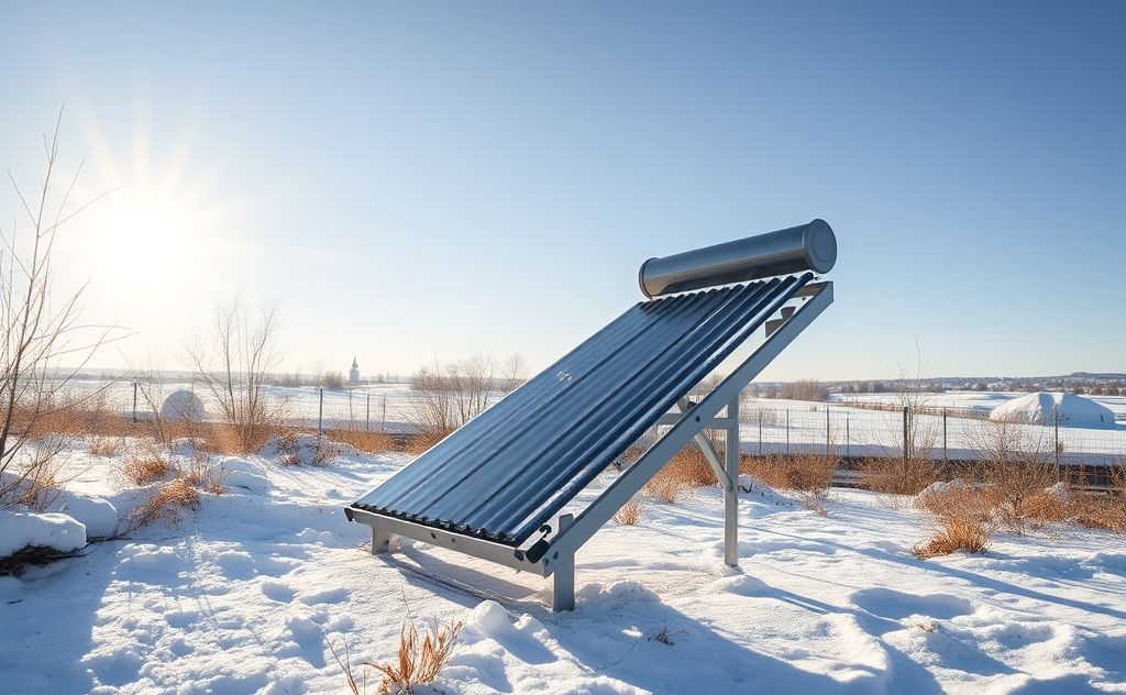 Solar water heater in winter landscape with snow and sunlight.