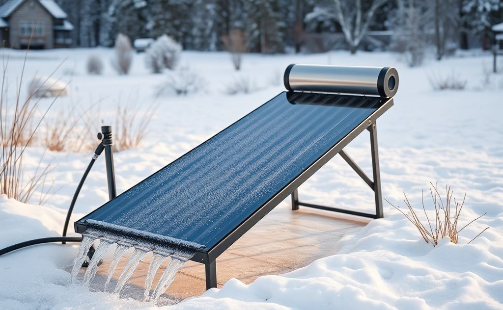 Solar water heater in winter, snowy landscape, warm water flow.