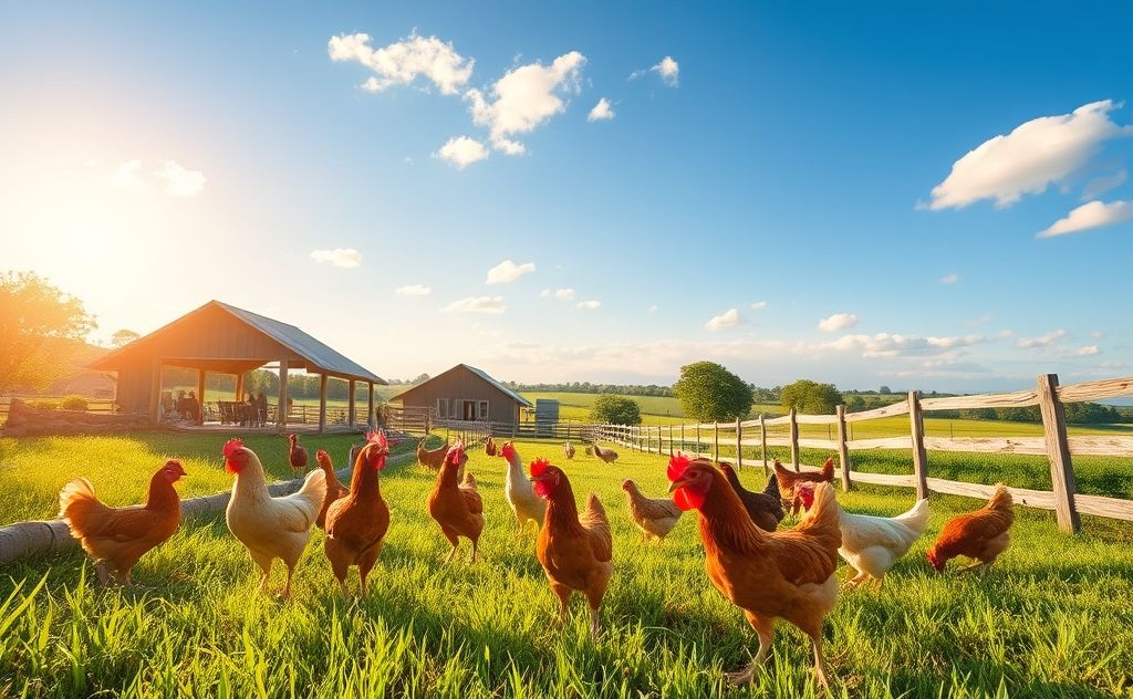 Sounds of chickens in a sunny farm setting