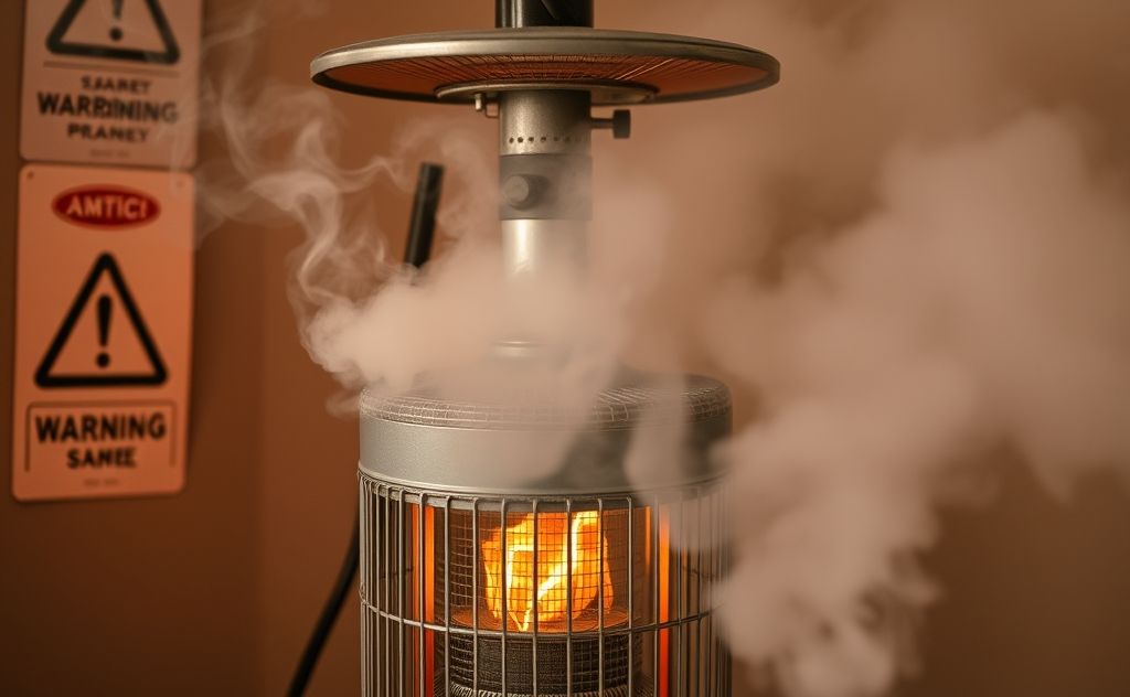 Space heater emitting smoke with warning signs
