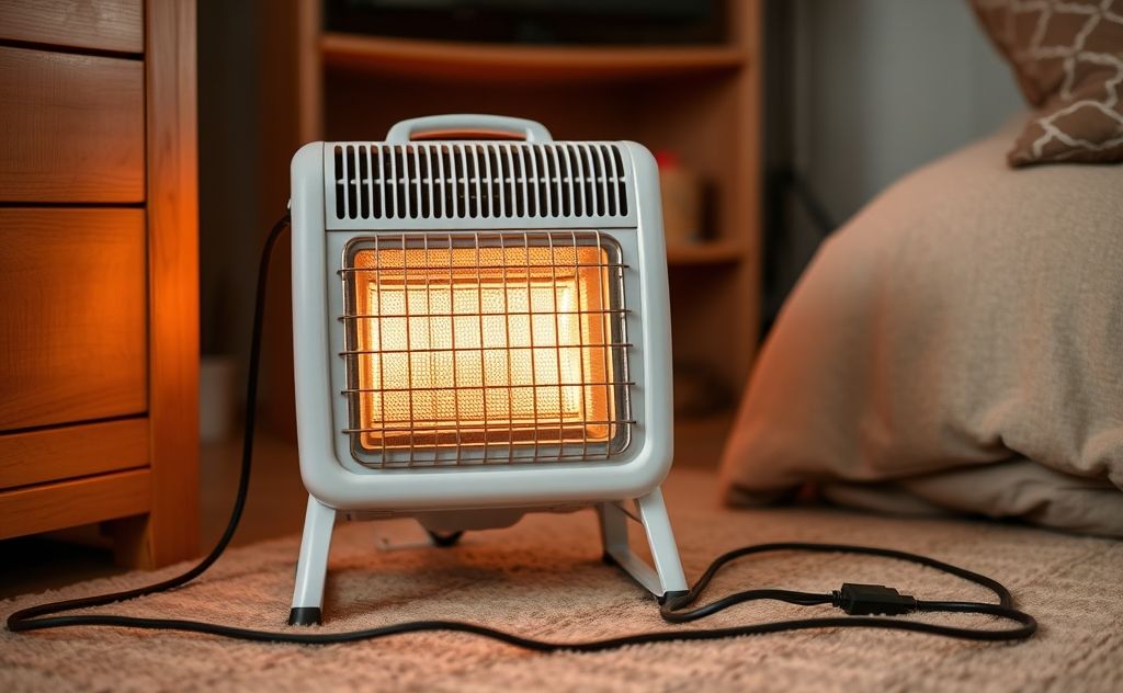 Space heater with long cord in cozy room setting