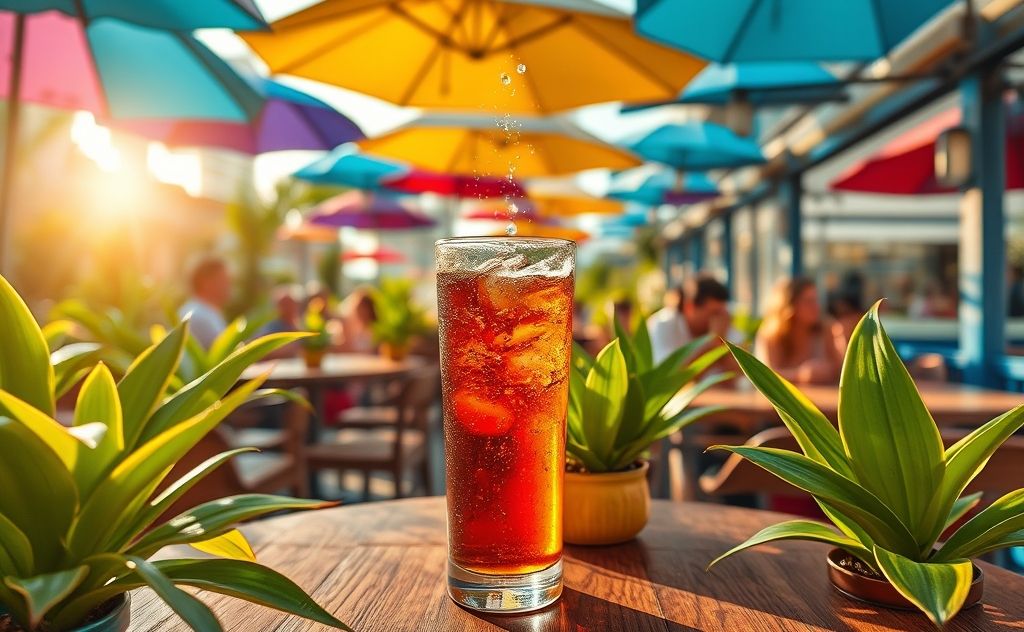 Sparkling black tea in a vibrant setting with a refreshing vibe.