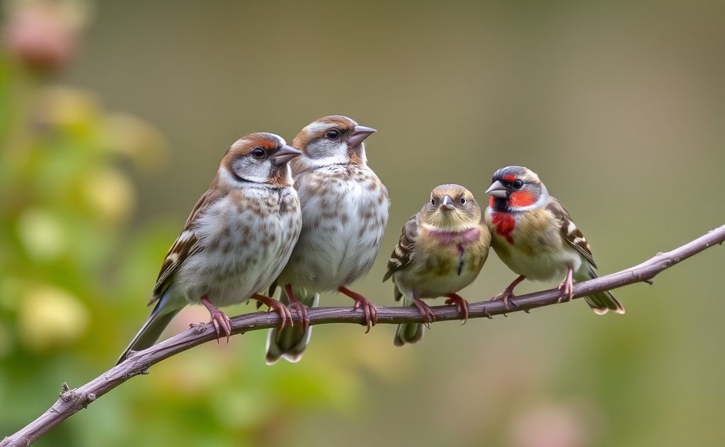 Sparrows and finches perched together on a branch in a garden.