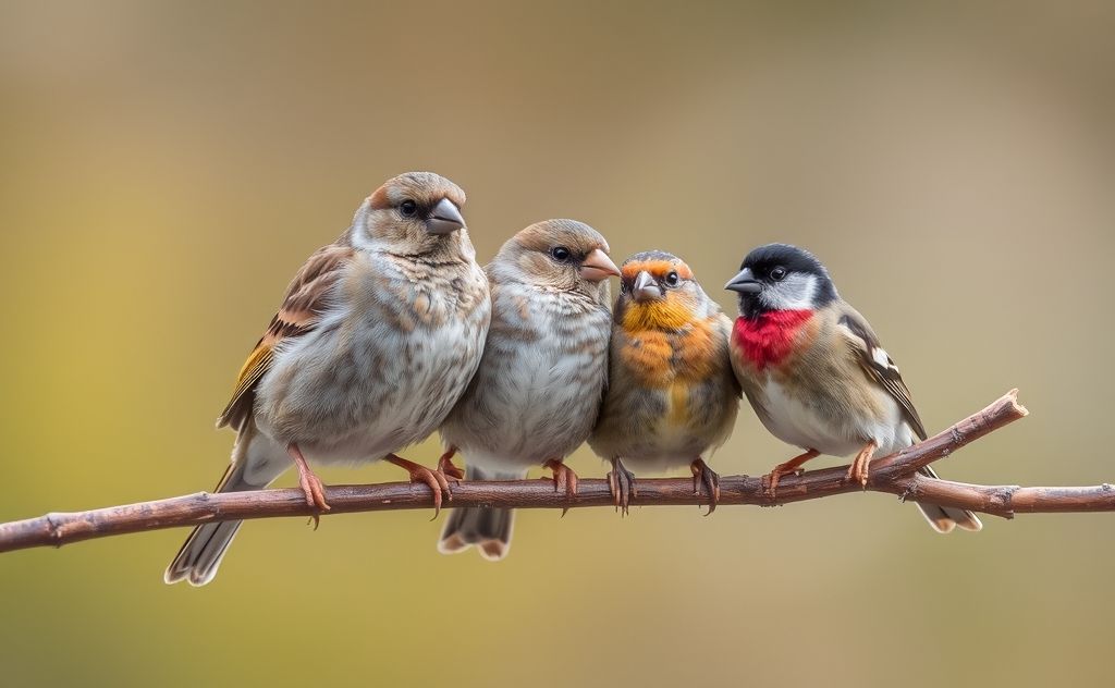 Sparrows and finches perched together on a branch in harmony.