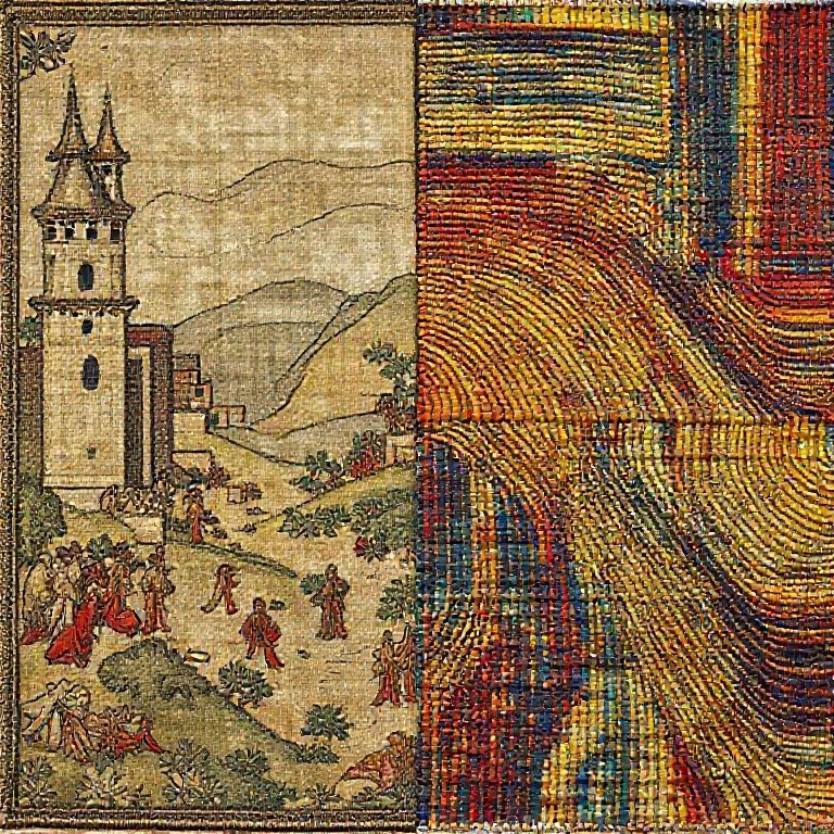 Contraste visual entre tape&ccedil;aria medieval (hist&oacute;rica) e uma tape&ccedil;aria modernista abstrata (arte aut&ocirc;noma)