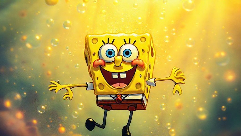 SpongeBob SquarePants bathed in golden light, swirling with airy bubbles. He's surrounded by shifting perspectives, a mystical, chaotic, vibrant, optimistic scene.