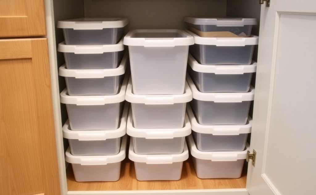 Stackable bins neatly arranged in a small kitchen space.