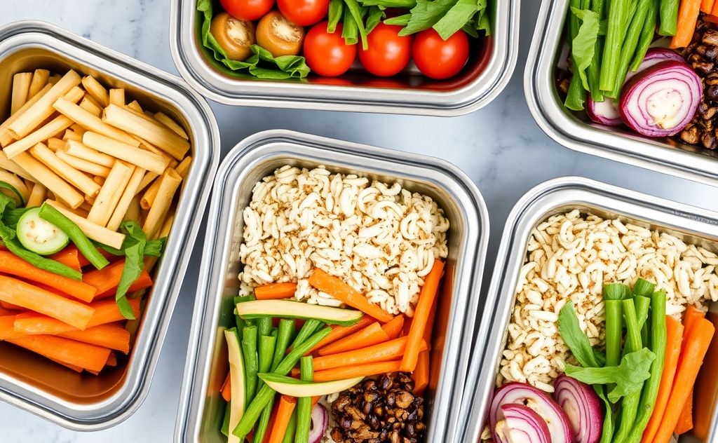 Stainless steel containers arranged with fresh meal prep ingredients.