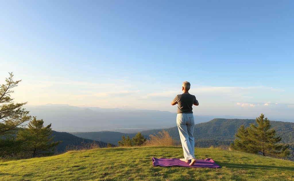 Standing meditation posture with serene surroundings