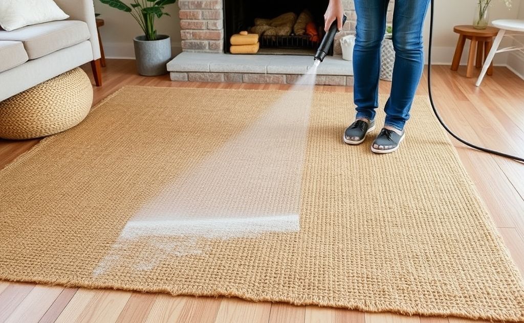 Steam clean a jute rug in a cozy home setting.