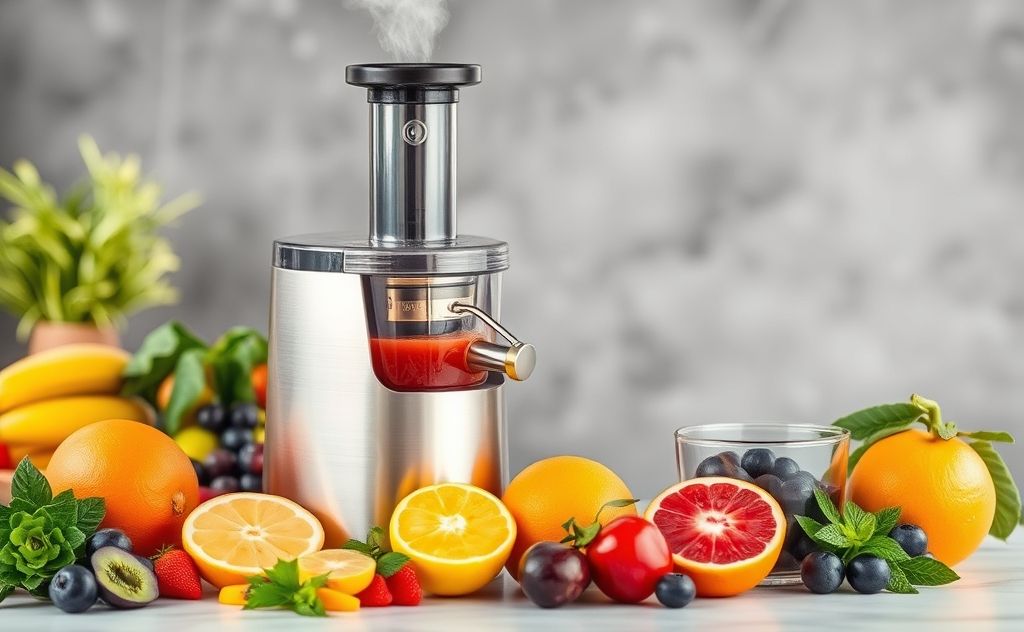 Steam juicer with fruits and vibrant colors