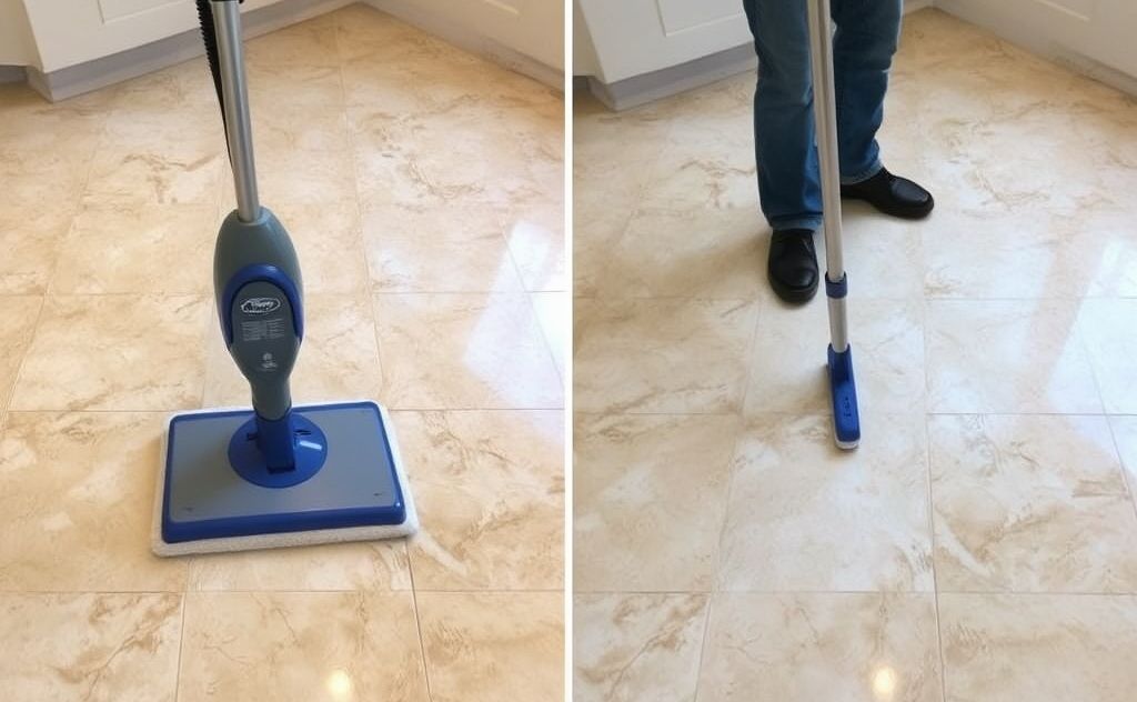 Steam mop cleaning grout with sparkling results