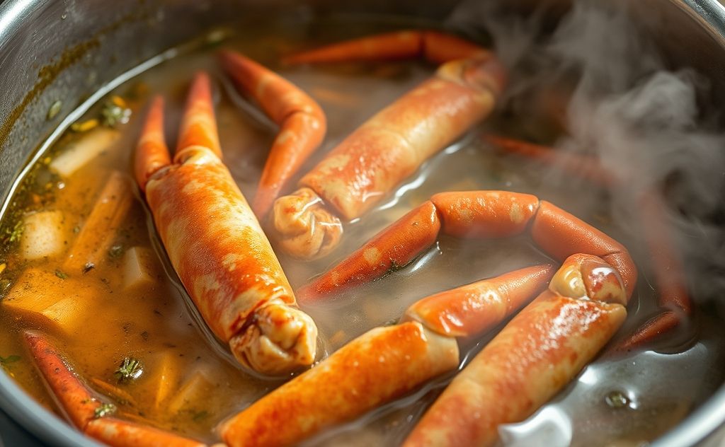 Steaming crab legs in a pot with aromatic herbs and spices.