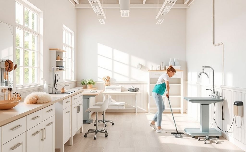 Step by step cleaning pet grooming area