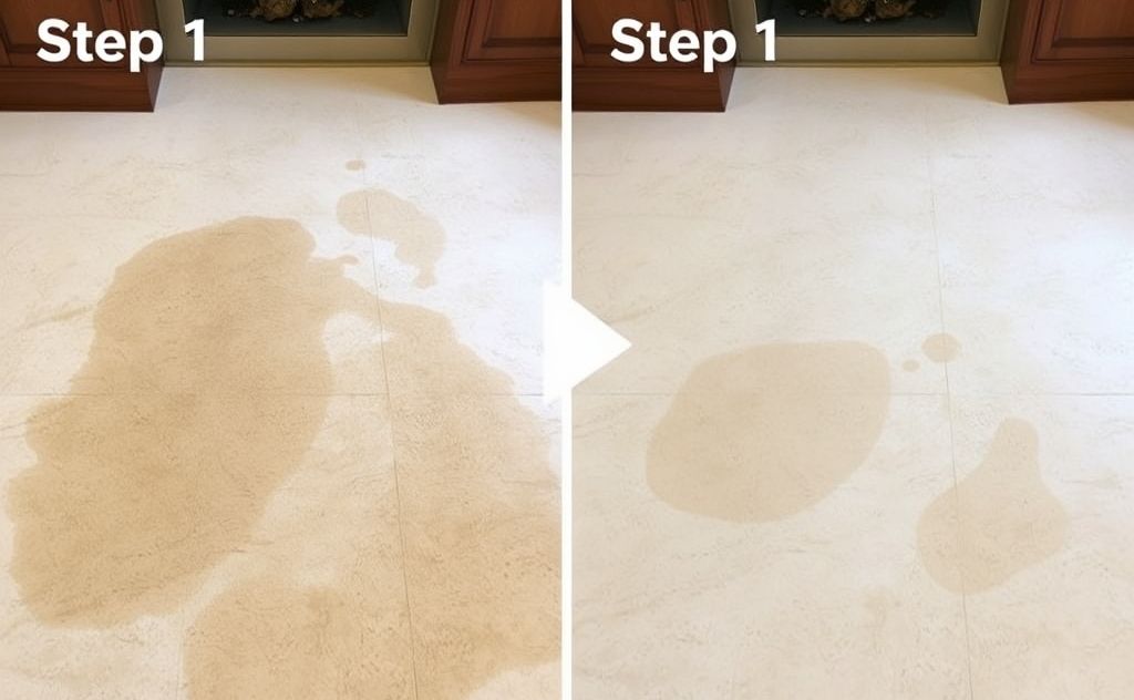 Step by step stain removal on linoleum floors