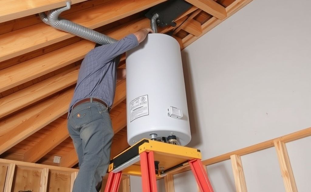 Step lifting water heater into attic safely
