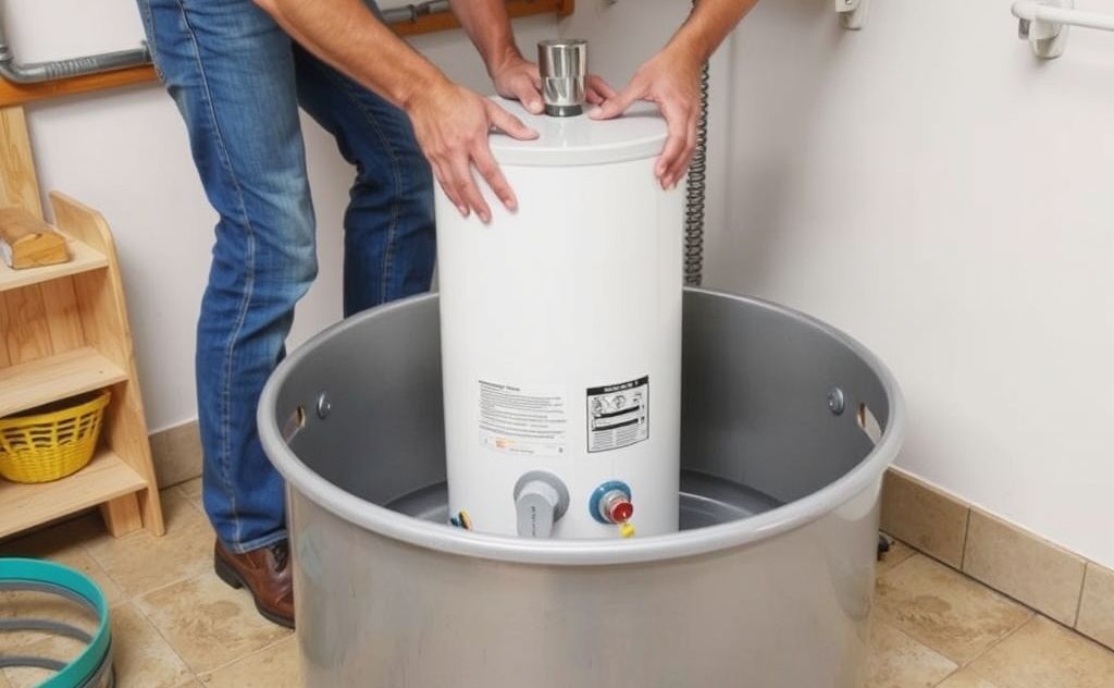 Step lifting water heater into pan safely