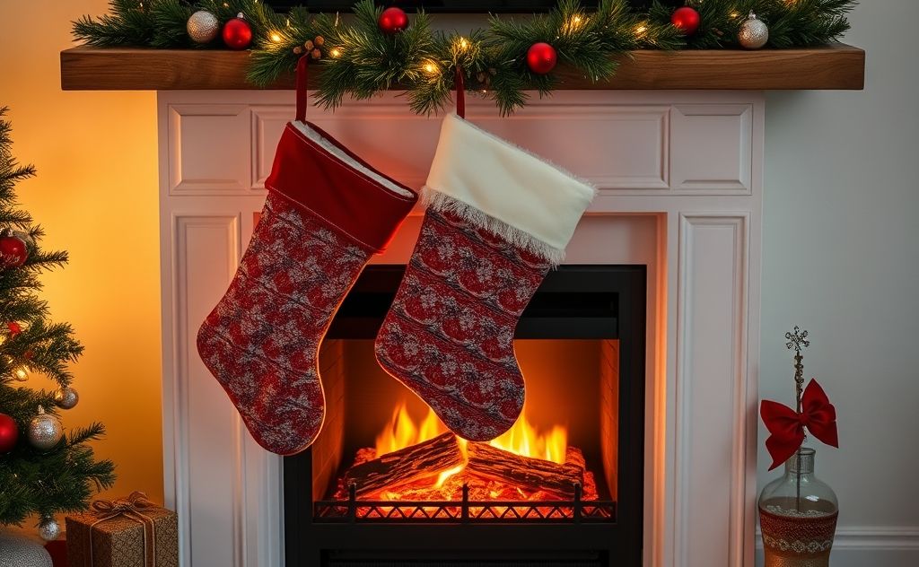 Stockings hanging on a cozy electric fireplace