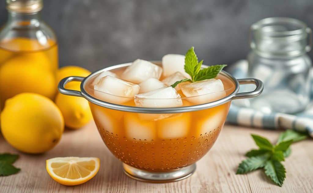 Storing iced tea in a colander concept.
