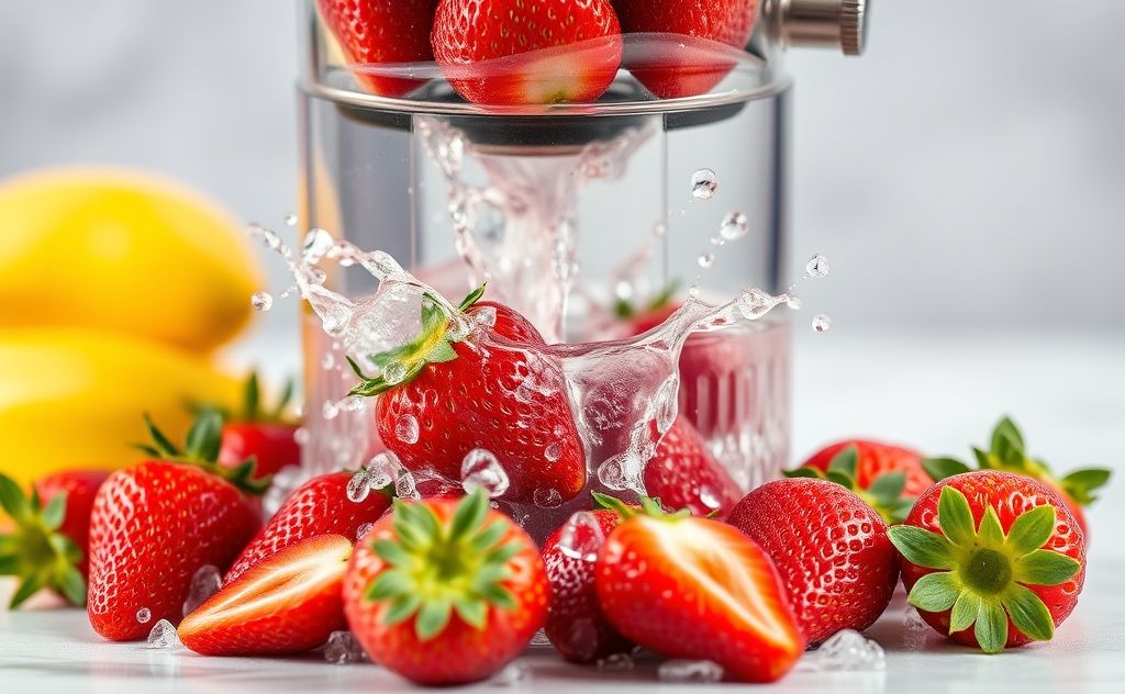 Strawberries in a juicer with fresh juice splashing