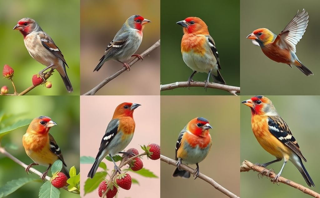 Strawberry finches showcasing diverse plumage in various habitats.