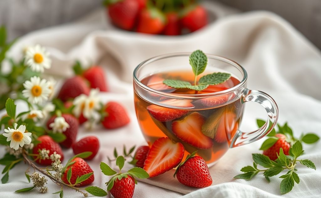 Strawberry leaves tea in a cozy setting with herbs.