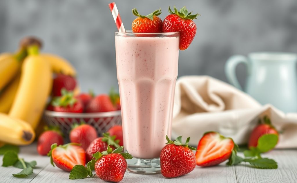 Strawberry milkshake in a healthy lifestyle setting