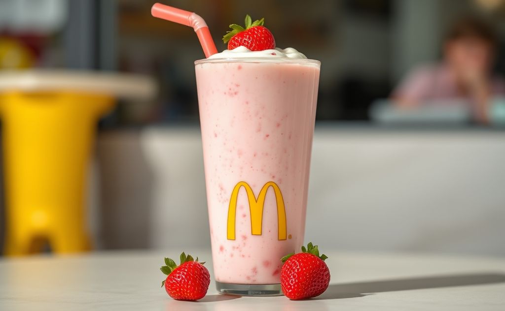 Strawberry milkshake with a McDonald's cup
