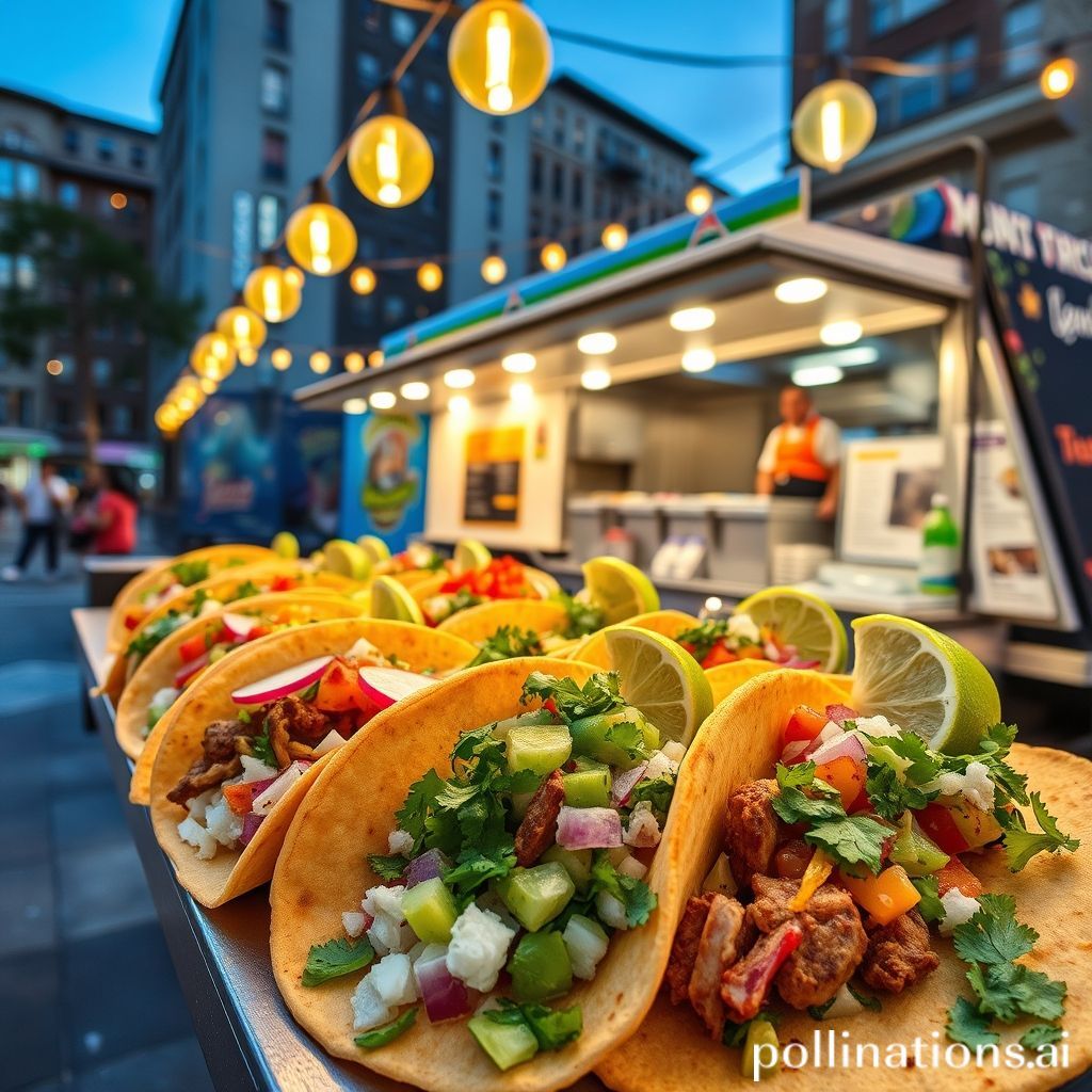Image of street tacos with various toppings served from a food truck