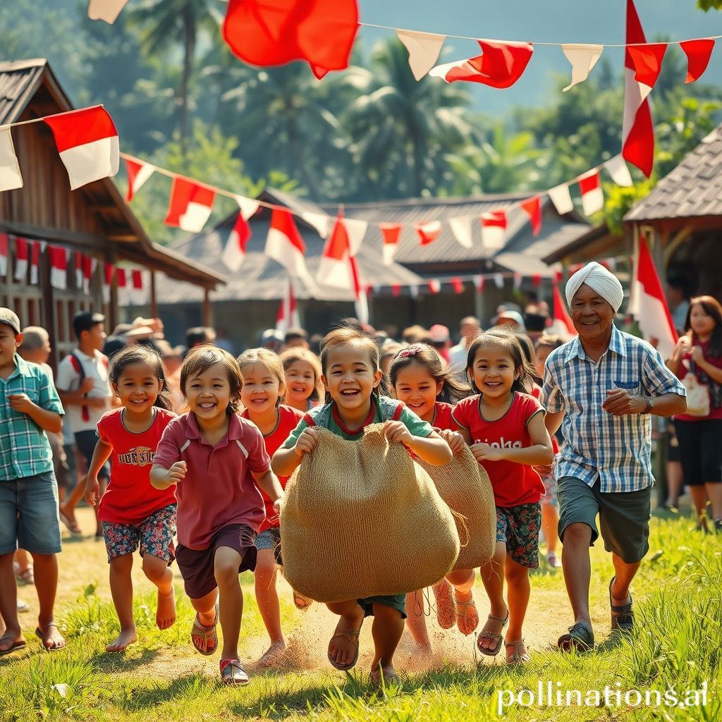 Suasana perayaan 17 Agustus di sebuah desa di Indonesia. Terlihat anak-anak dan orang dewasa dengan wajah ceria sedang mengikuti lomba balap karung. Latar belakang dihiasi bendera Merah Putih dan dekorasi khas kemerdekaan. Semangat kebersamaan dan kebahagiaan terpancar jelas, dengan warna merah dan putih mendominasi.