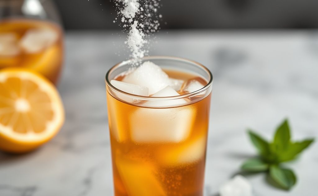 Sugar dissolving in iced tea creates a refreshing drink.