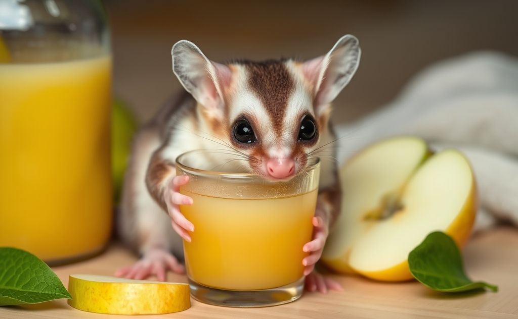 Sugar glider enjoying fresh apple juice